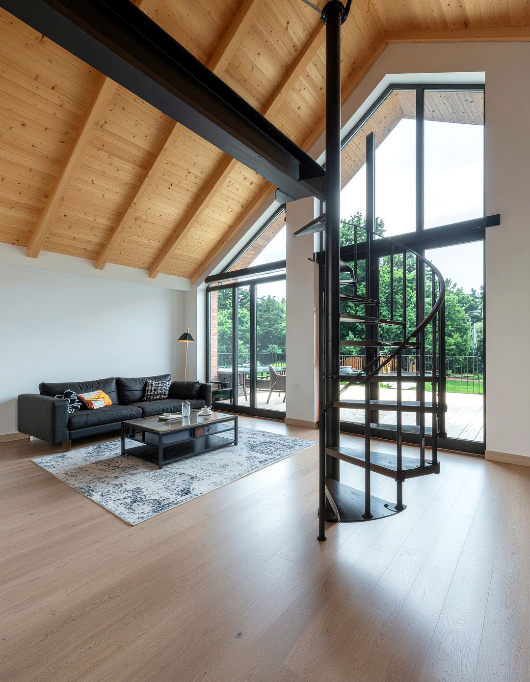 A frame living room spiral staircase - 30 living room A-frame ideas