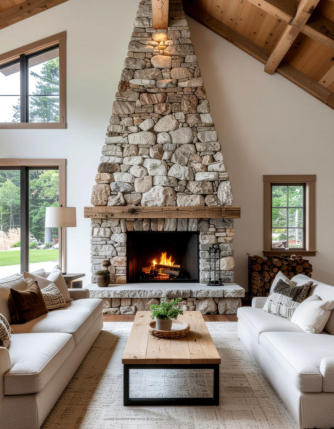 A frame living room stone wall - 30 living room A-frame ideas