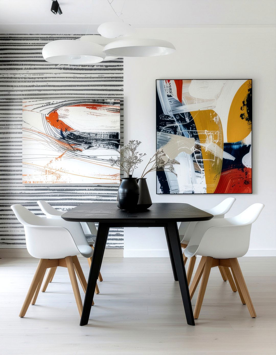 Abstract Art And Striped Wallpaper - 30 dining room pattern mixing ideas