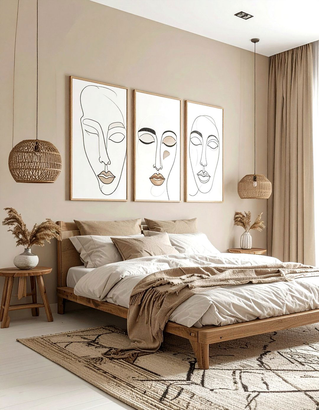 Abstract Line Art - 30 bohemian beige bedroom ideas