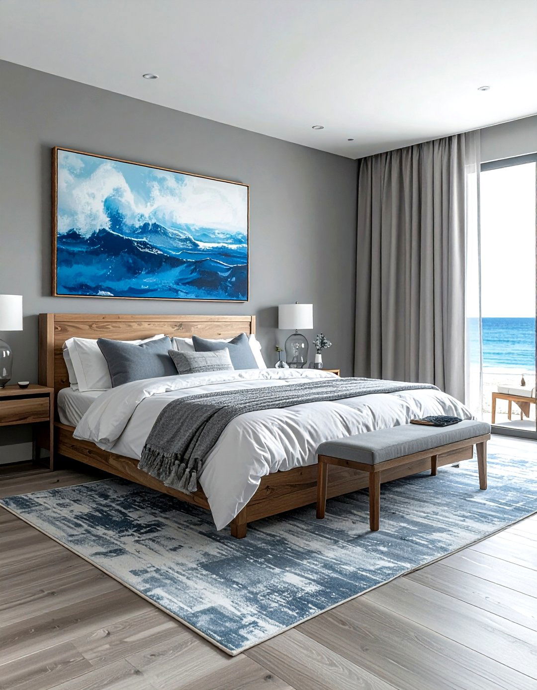 Abstract Ocean Art Grey Room - 30 coastal grey bedroom ideas