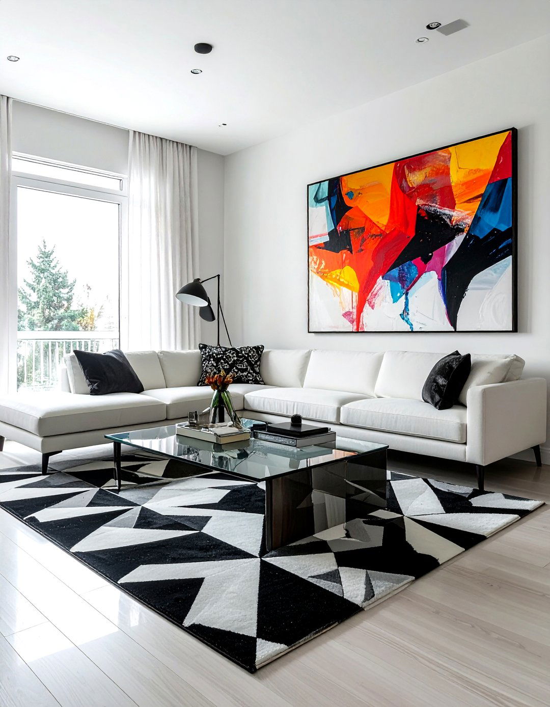 Abstract art and geometric rug - 30 pattern mixing decor ideas