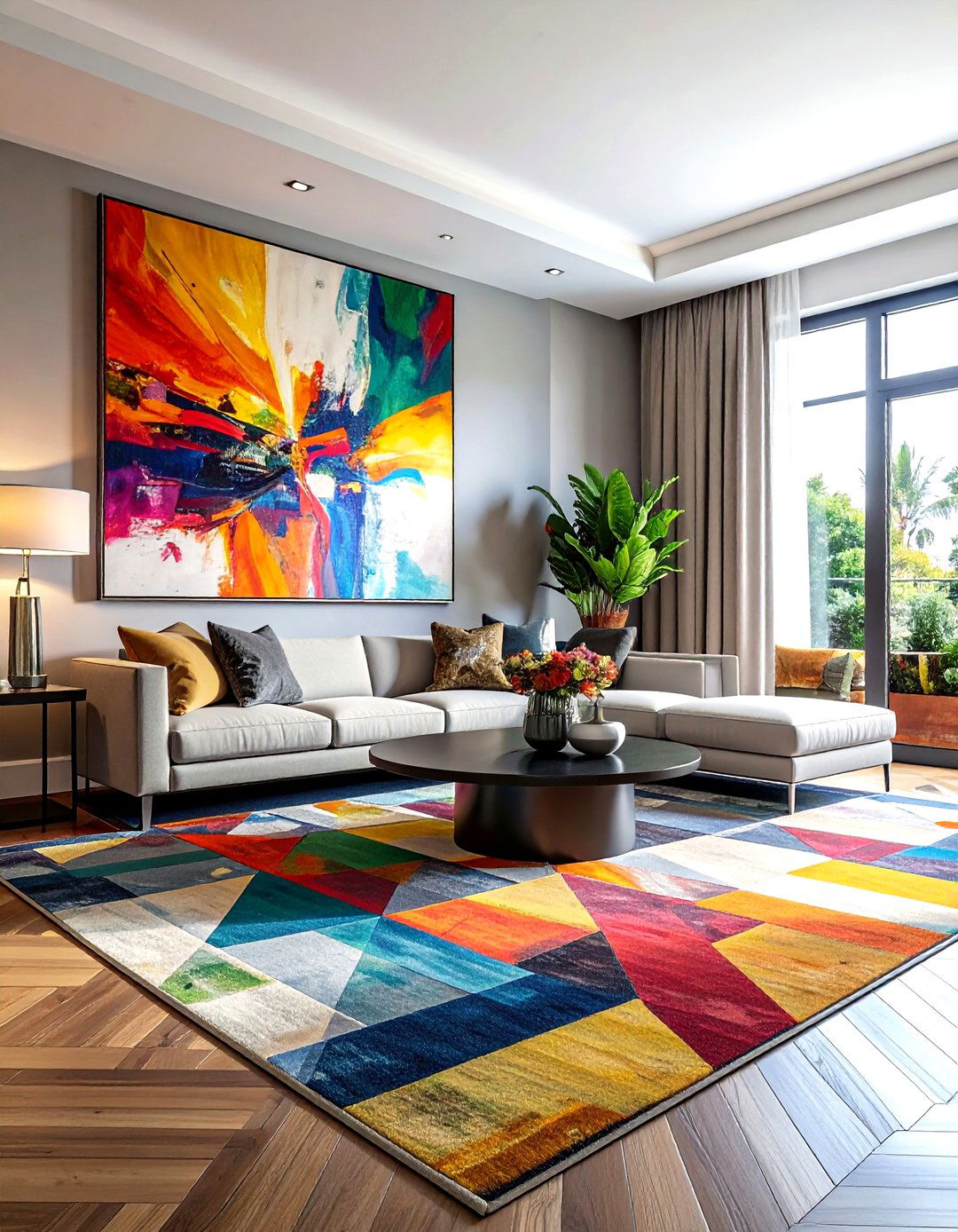 Abstract art and patterned rug living room - 30 living room pattern mixing ideas