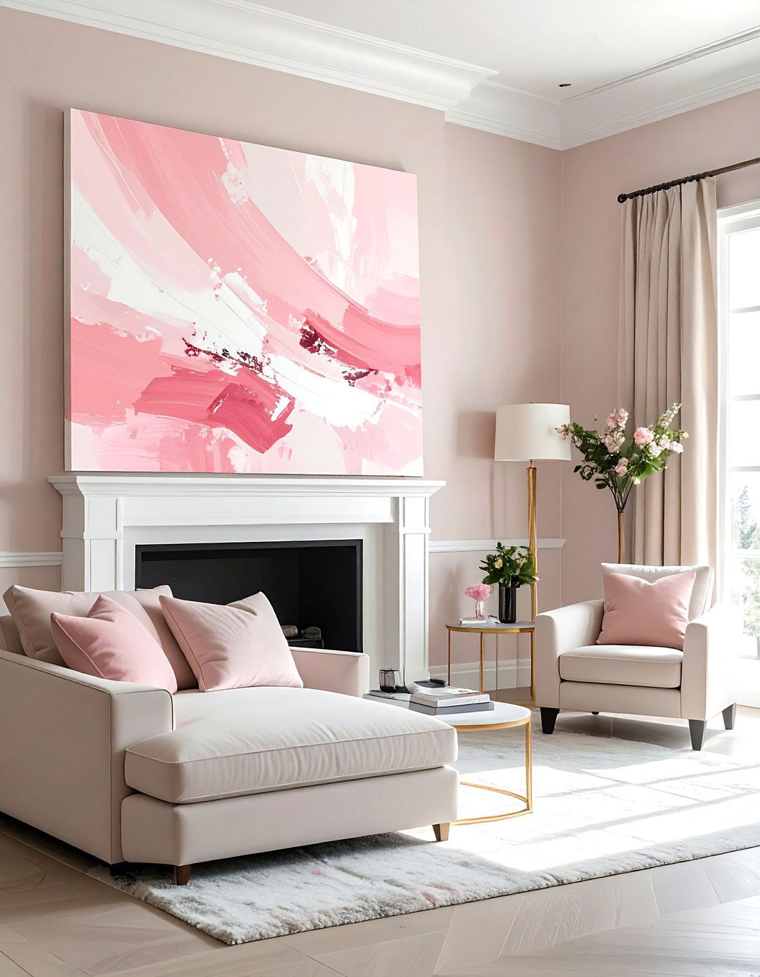 Abstract blush wall art - 30 blush and white living room ideas
