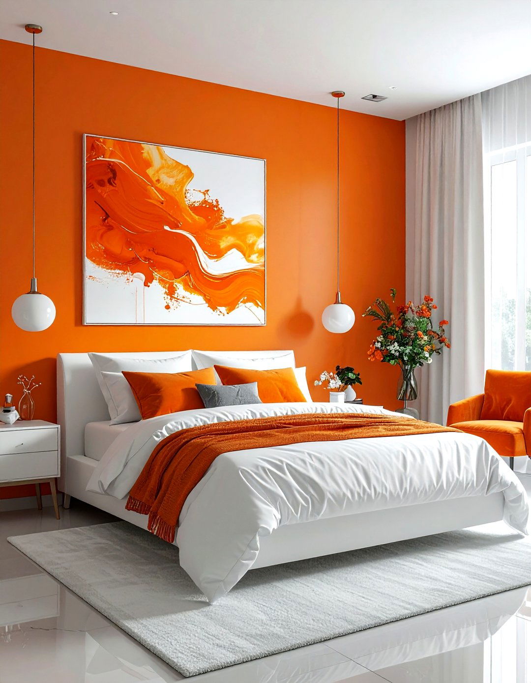 Abstract orange mural bedroom - 30 orange and white bedroom ideas