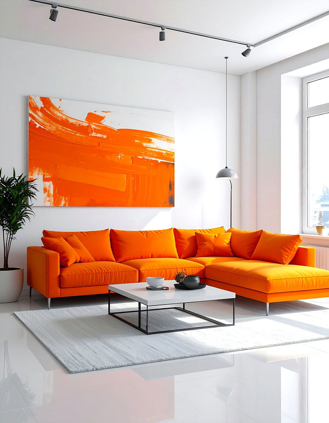 Abstract orange painting white living room - 30 orange and white living room ideas