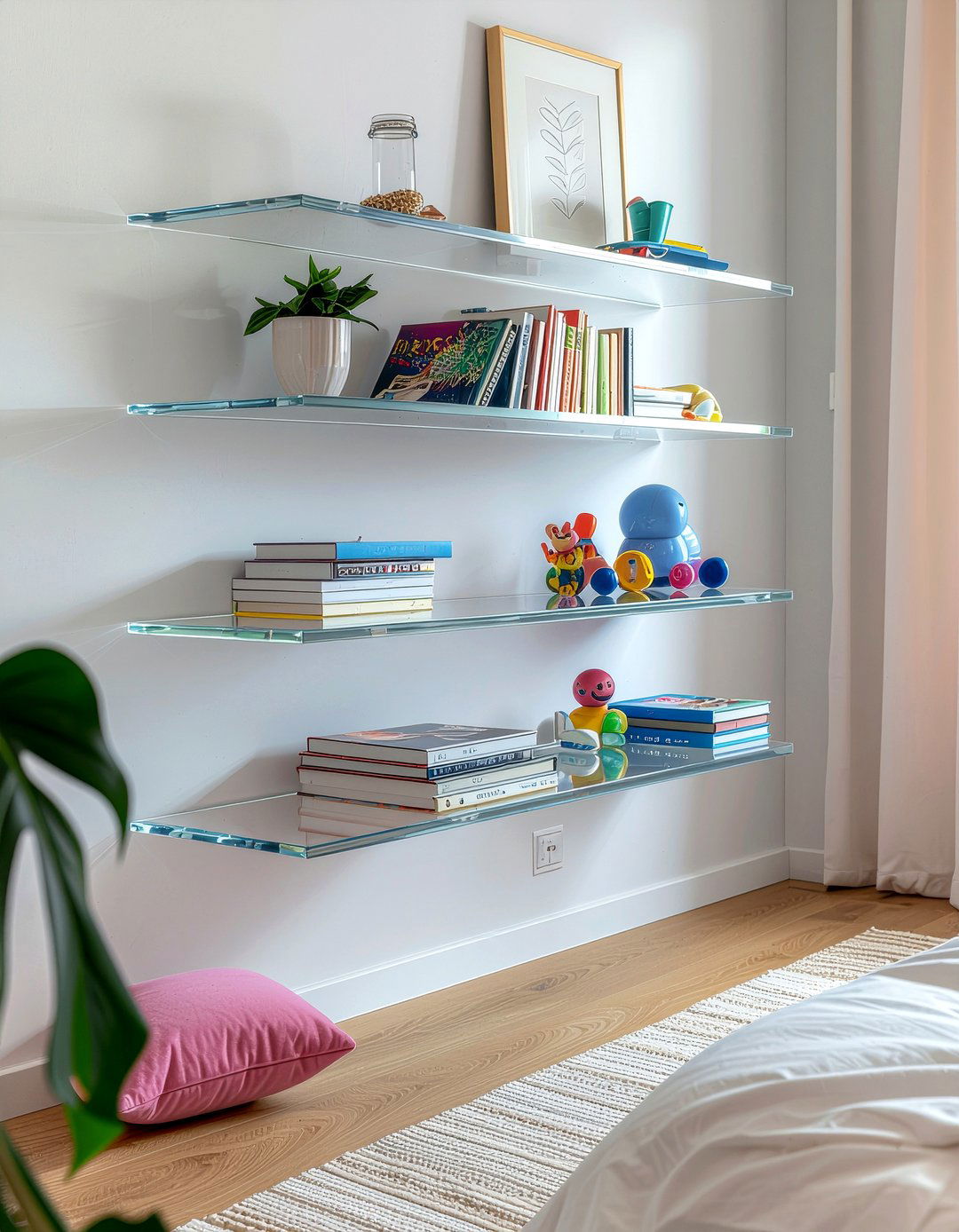Acrylic Floating Shelves - 30 bedroom wall shelving ideas