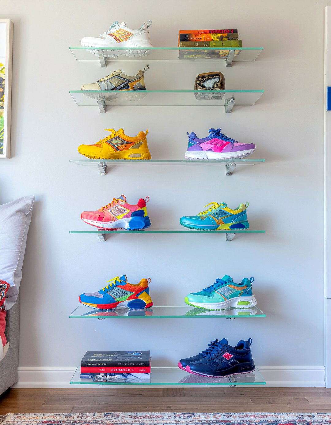 Acrylic floating shelves - 30 bedroom shelving ideas