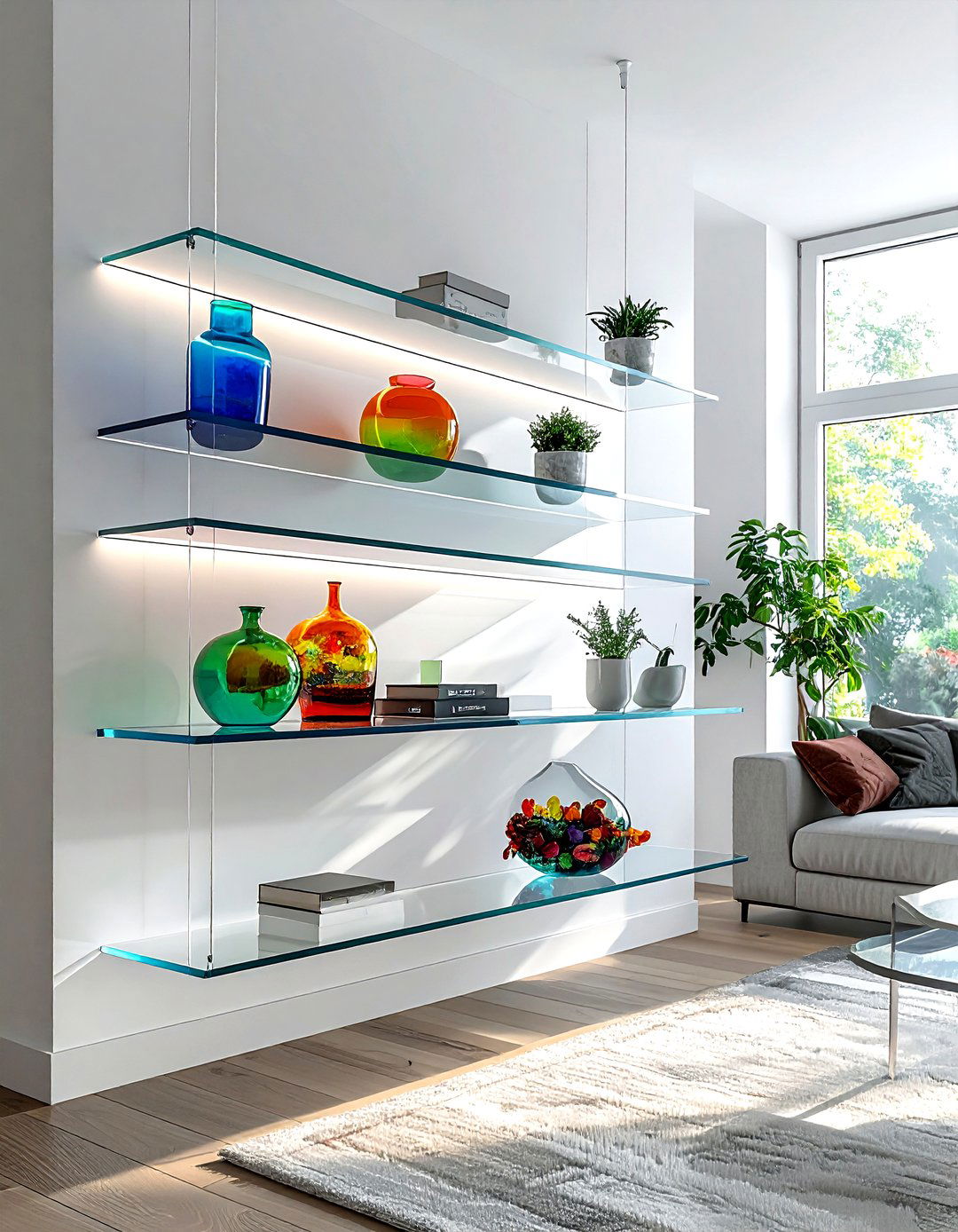 Acrylic floating shelves - 30 living room hanging storage ideas