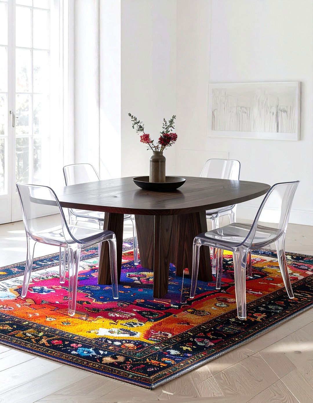 Acrylic ghost chairs - 30 narrow dining room ideas