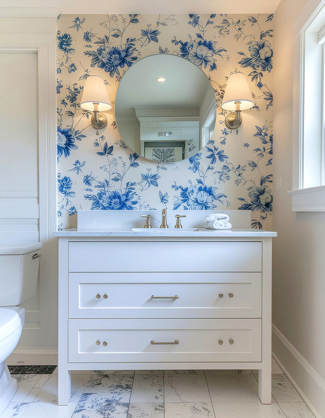Add wallpaper accent wall - 30 low cost bathroom makeover ideas