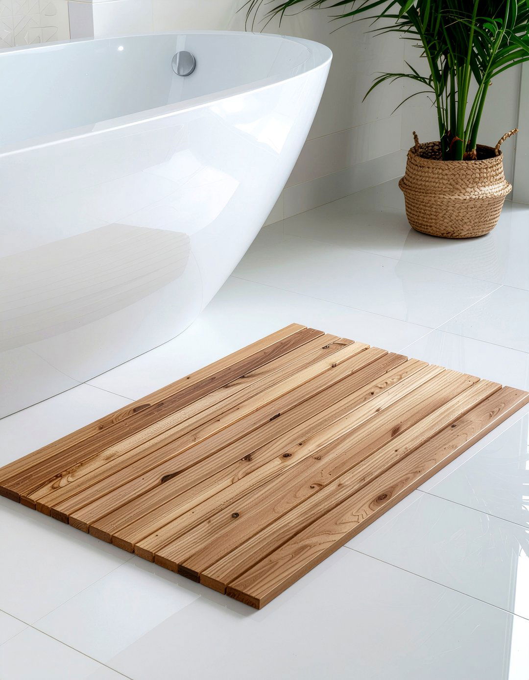 Add wooden bath mat - 30 low cost bathroom makeover ideas