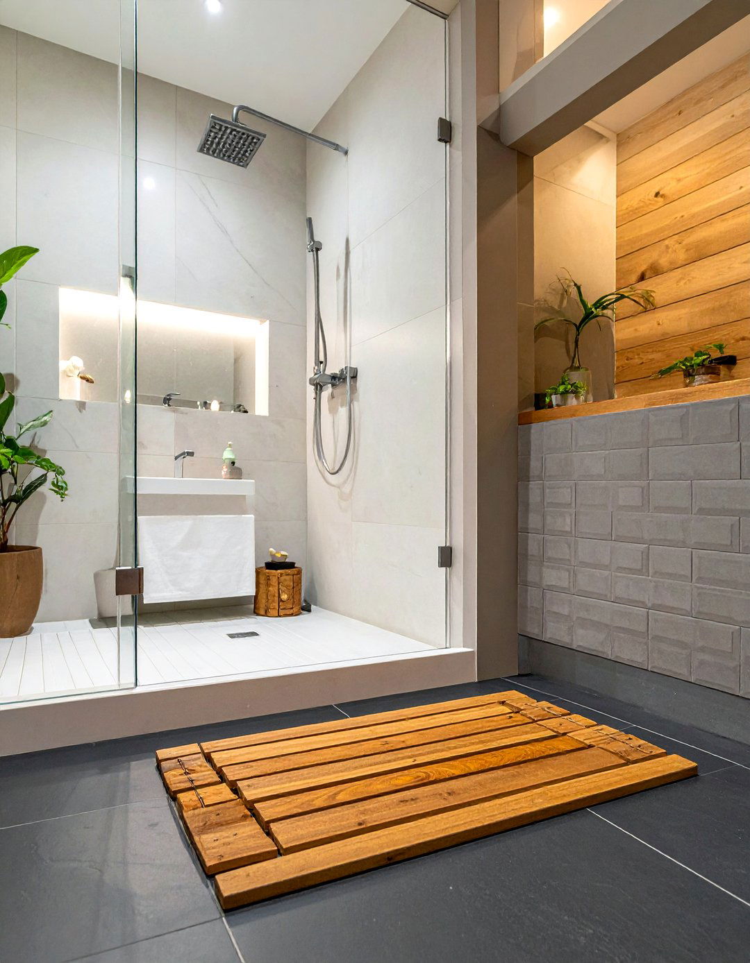 Add wooden bath mat - 30 cheap bathroom remodel ideas