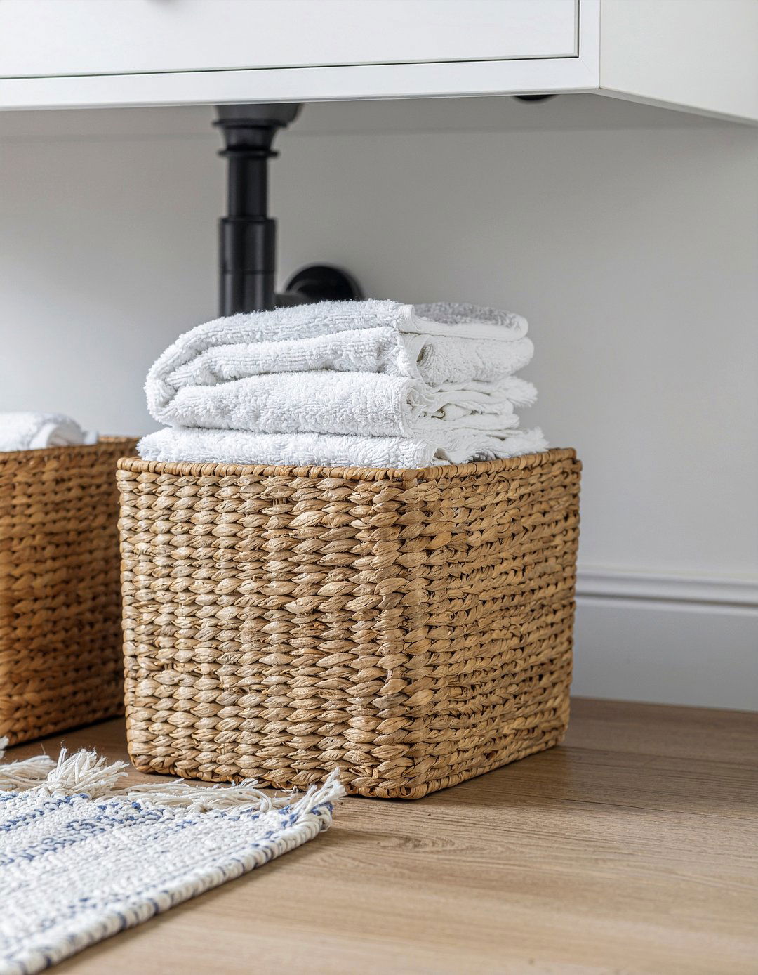 Add woven storage baskets - 30 low cost bathroom makeover ideas