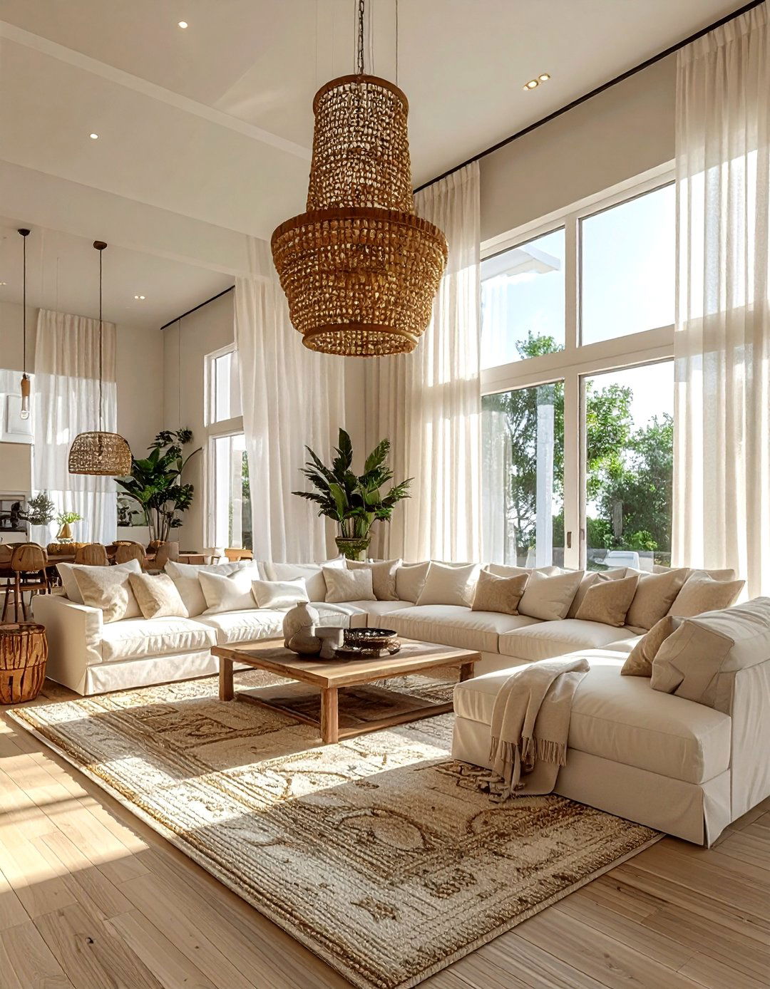 Airy coastal living room with high ceilings - 30 coastal cream living room ideas