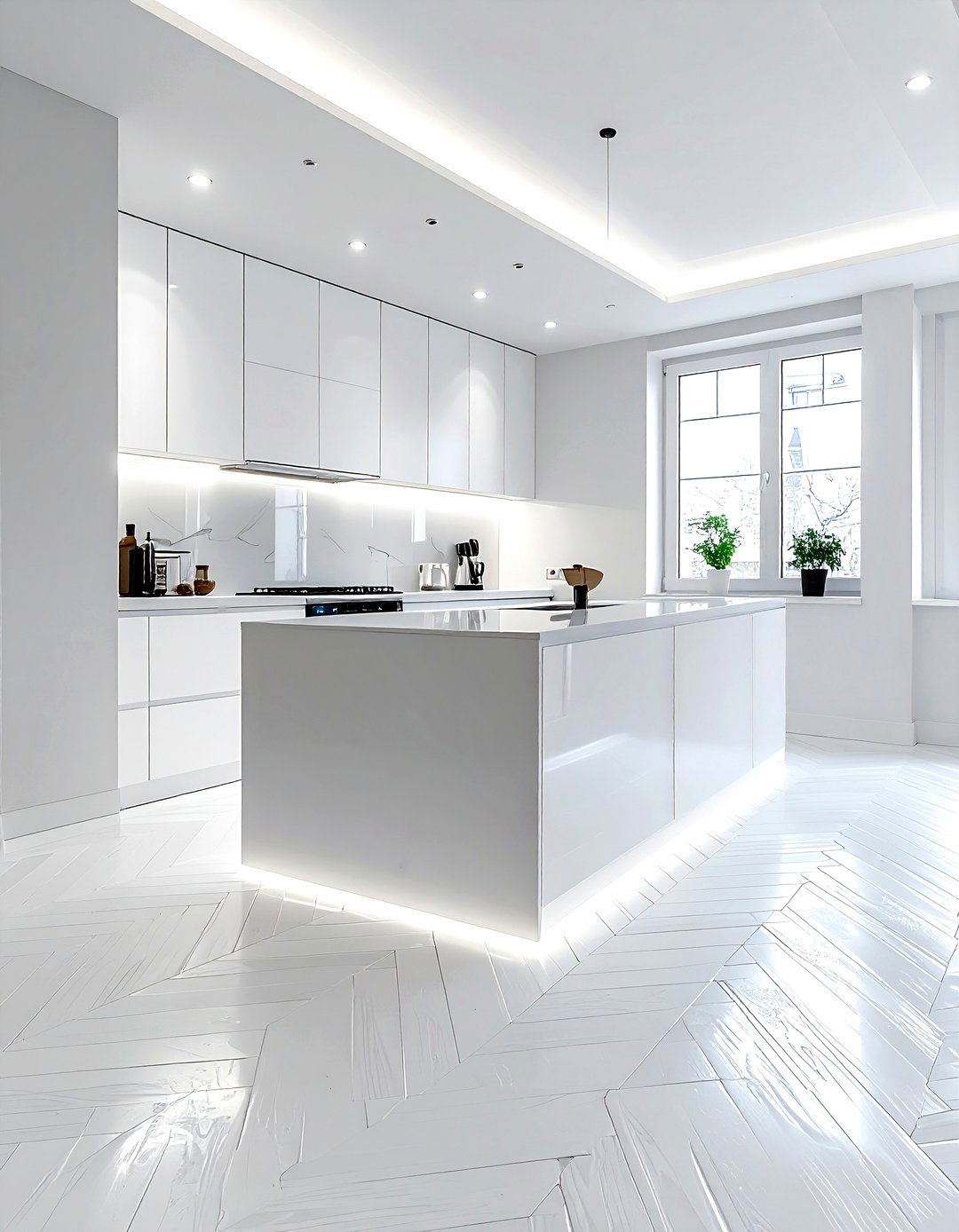 All white kitchen textured herringbone - 30 herringbone floor kitchen ideas
