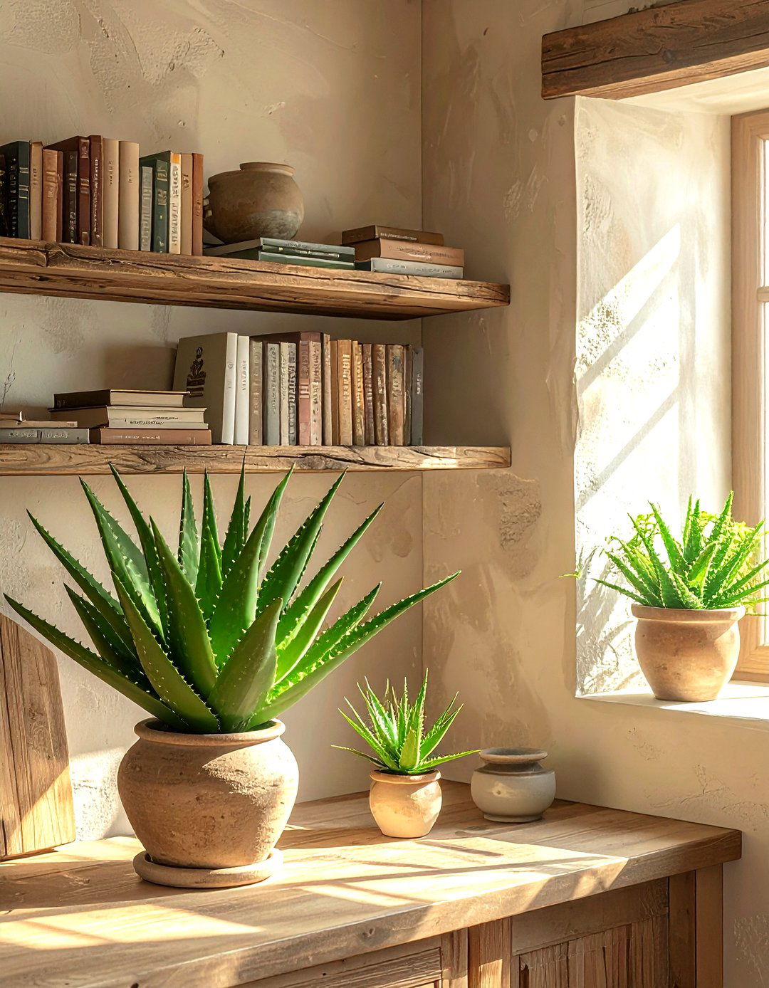 Aloe vera on kitchen shelf - 30 kitchen plant ideas