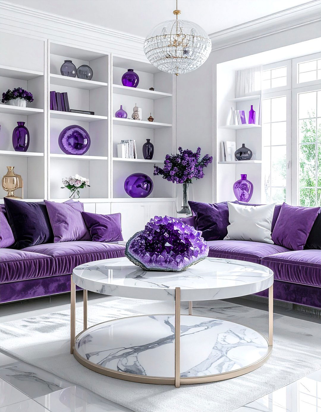 Amethyst living room decor - 30 purple and white living room ideas
