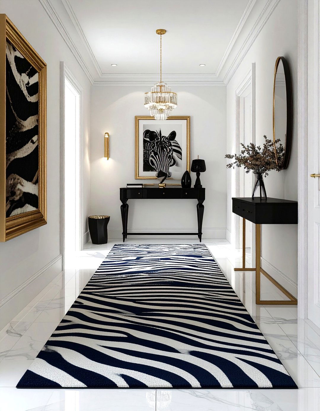 Animal print and stripe hallway - 30 pattern mixing decor ideas