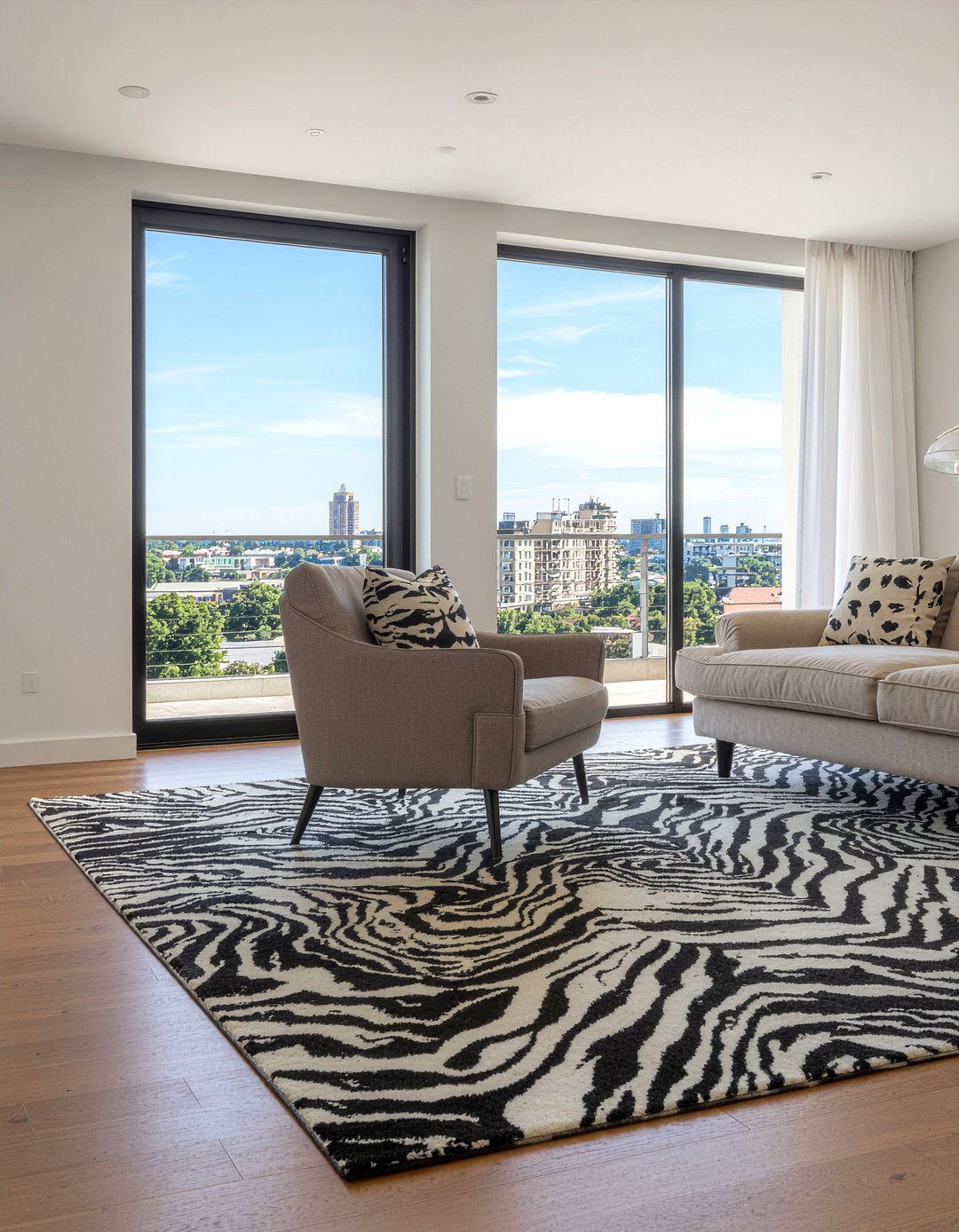 Animal print rug over wool rug - 30 living room rug layering ideas