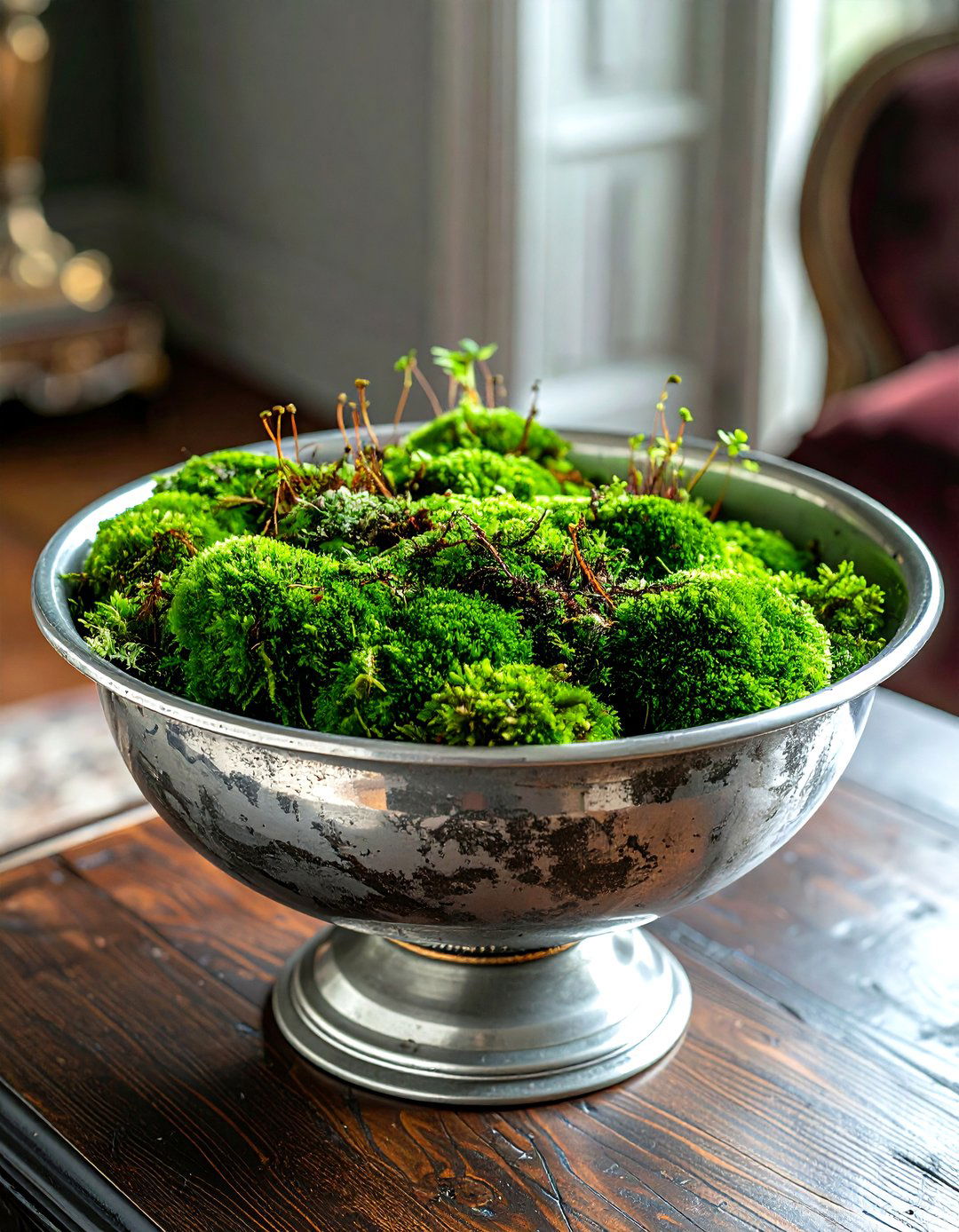 Antique Silver Bowl With Moss - 30 elaborate centerpiece dining ideas