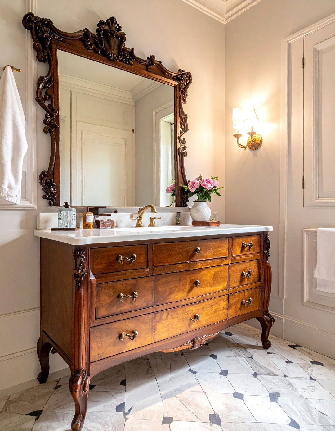 Antique Vanity Cabinet - 30 cozy bathroom ideas