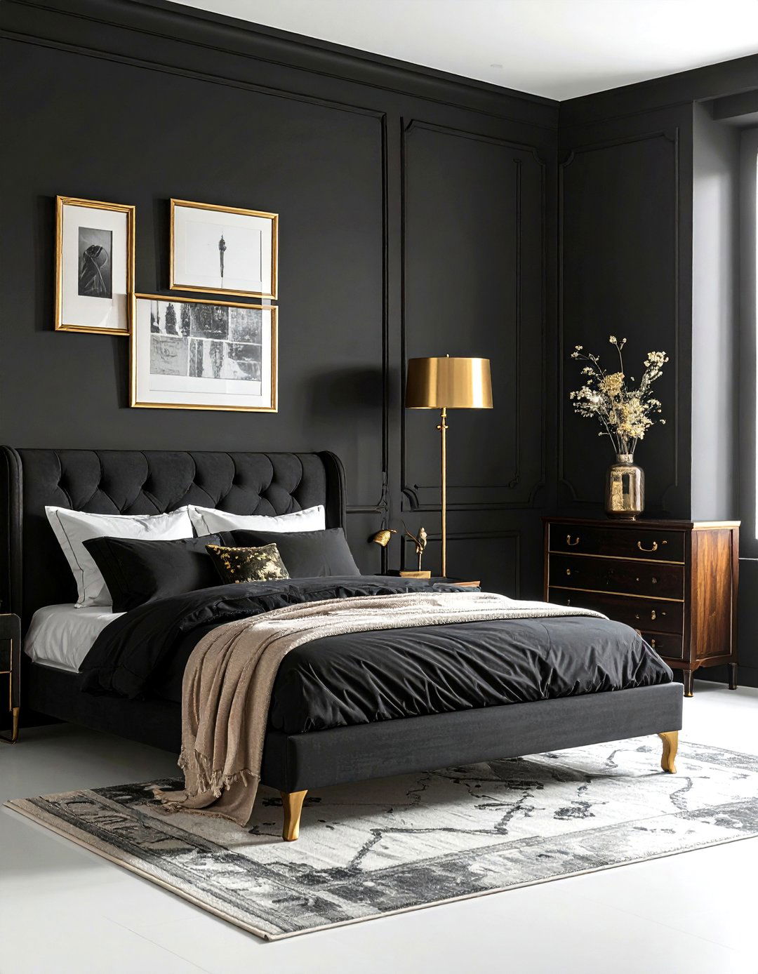 Antique brass accents black bedroom - 30 traditional black bedroom ideas