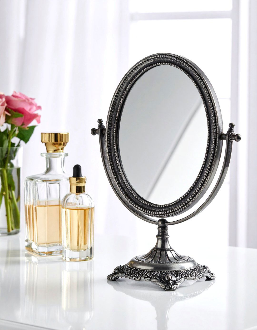 Antique magnifying mirror on vanity - 30 curiosity decor ideas