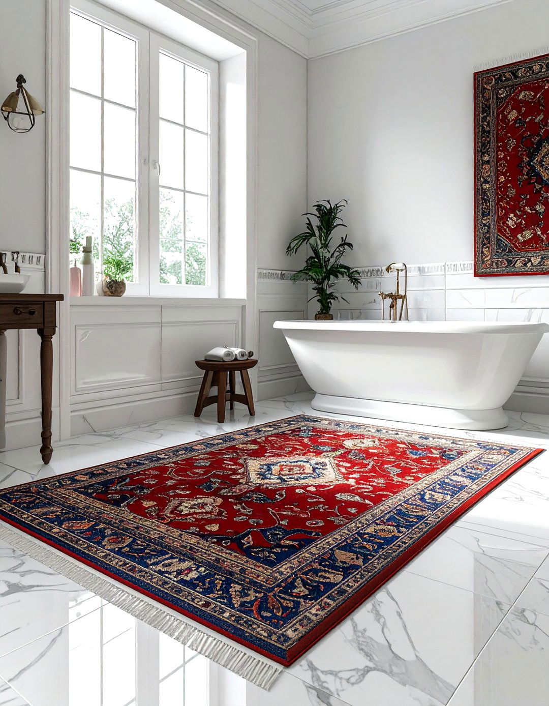 Antique rug on floor - 30 Parisian bathroom ideas