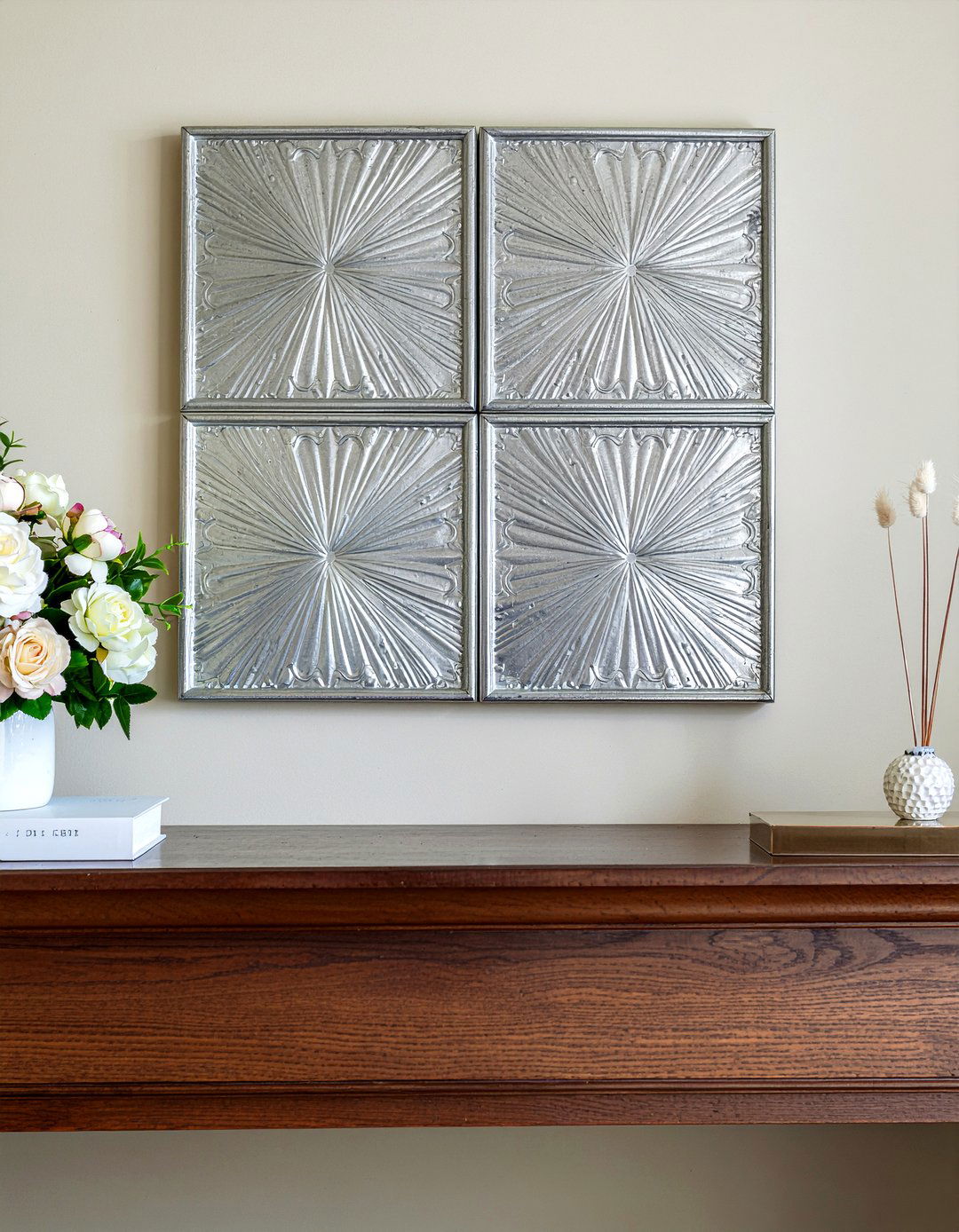 Antique tin ceiling tile wall art - 30 living room salvaged furniture ideas