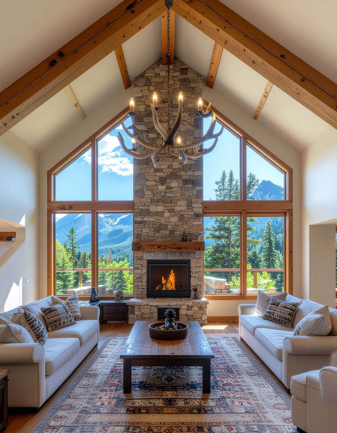 Antler chandelier lighting - 30 mountain house living room ideas