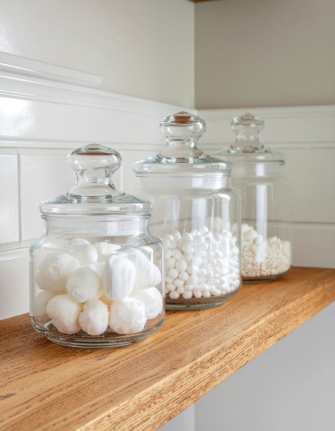 Apothecary jar bathroom shelf - 30 bathroom shelf styling ideas