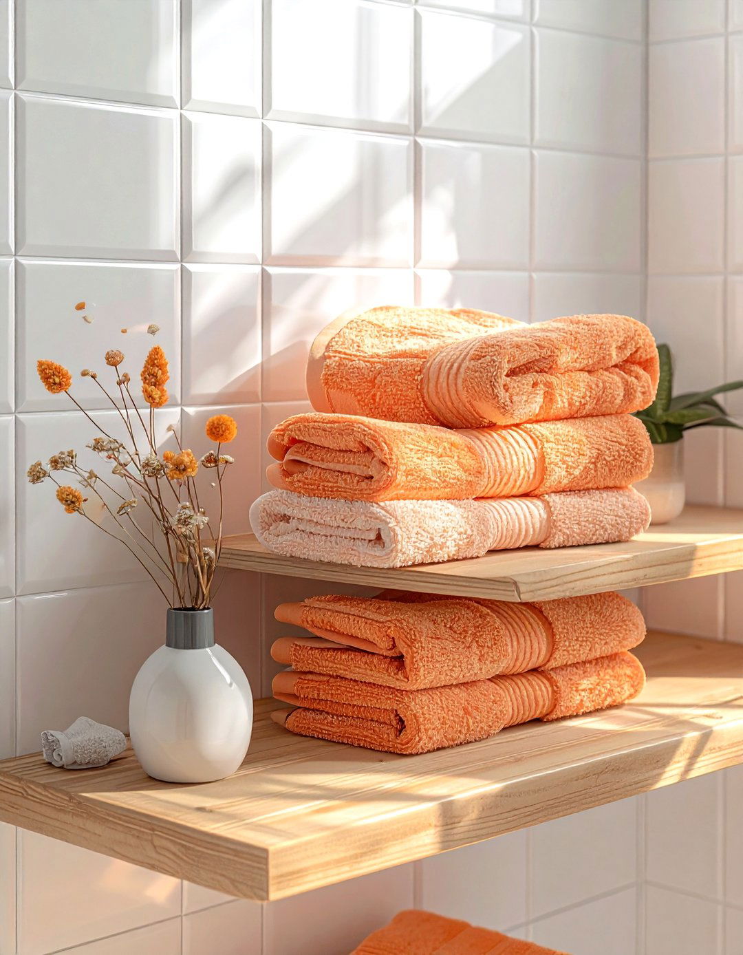 Apricot bathroom towel set - 30 orange bathroom decor ideas