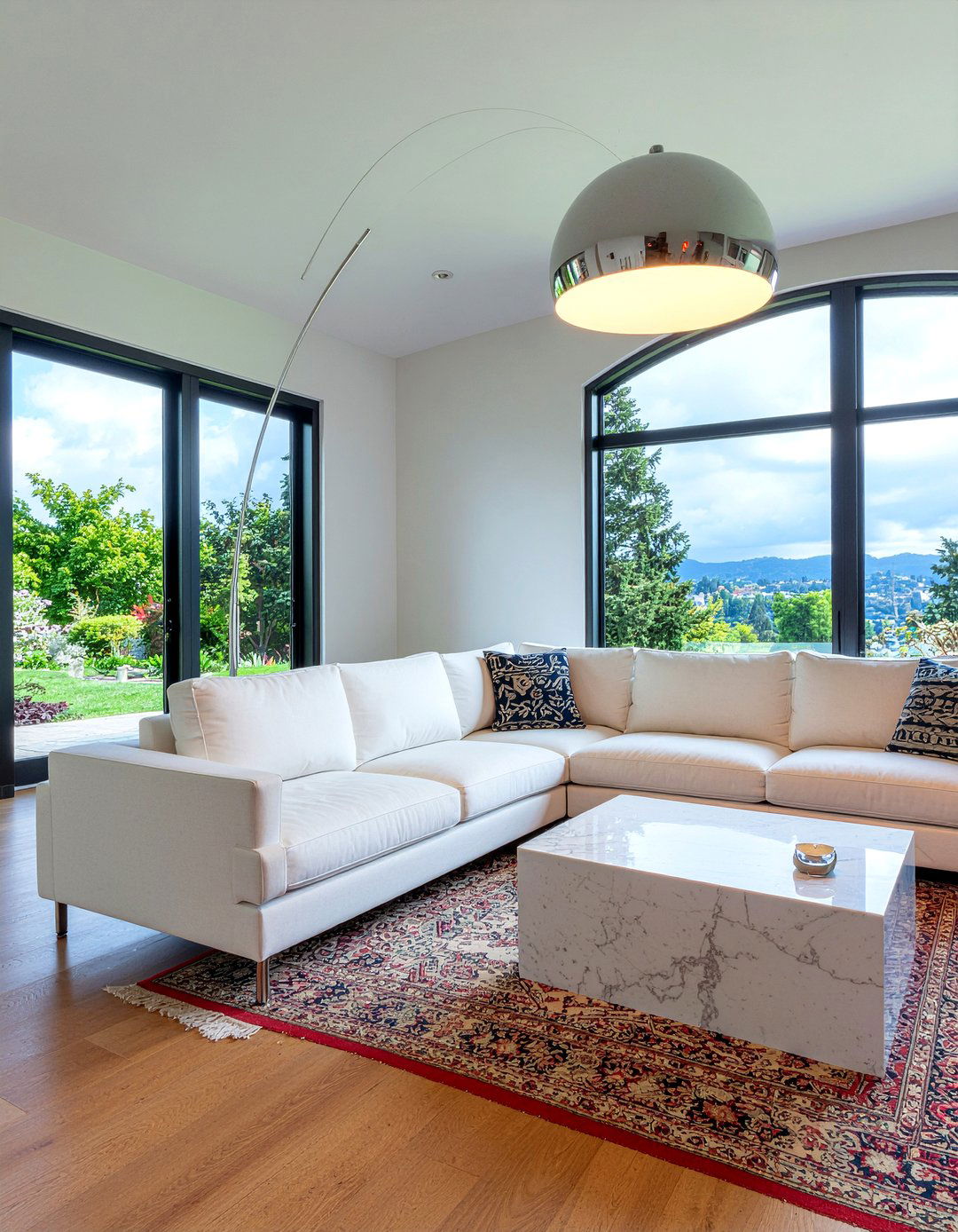 Arc lamp over sectional sofa - 30 living room light fixture placement