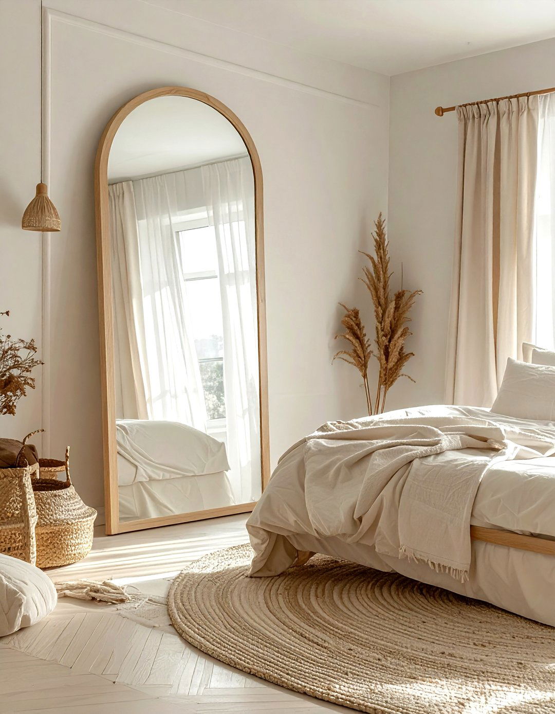 Arched floor mirror - 30 bohemian cream bedroom ideas