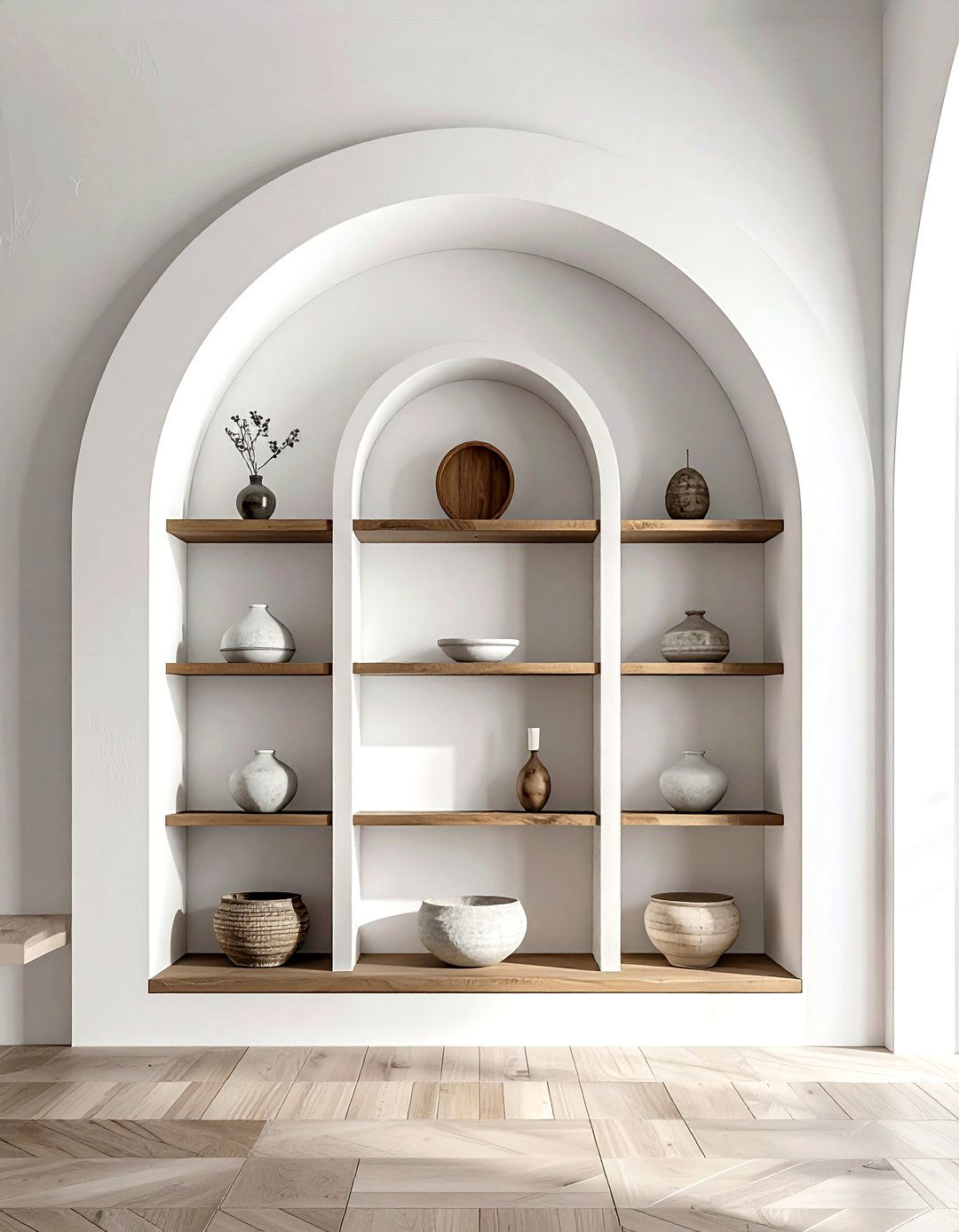 Arched wall storage niche - 30 dining room overhead storage ideas