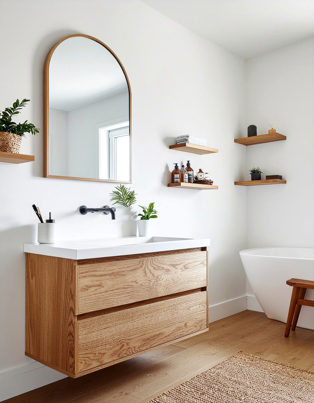 Arched wood bathroom mirror - 30 framed bathroom mirror ideas