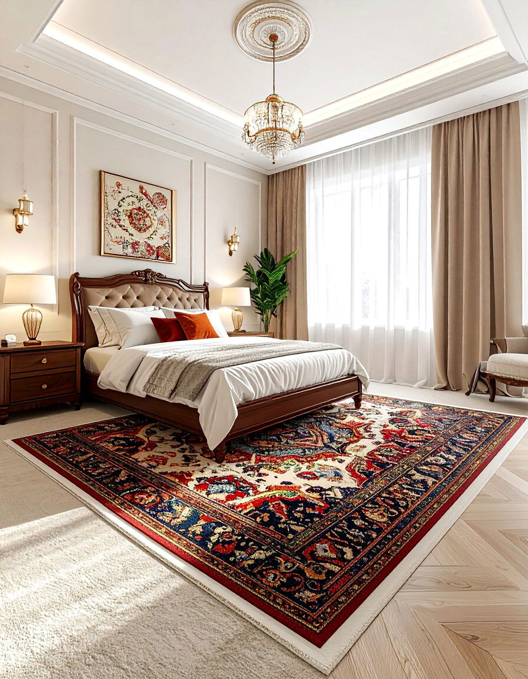 Area rug over carpet - 30 removable bedroom ideas