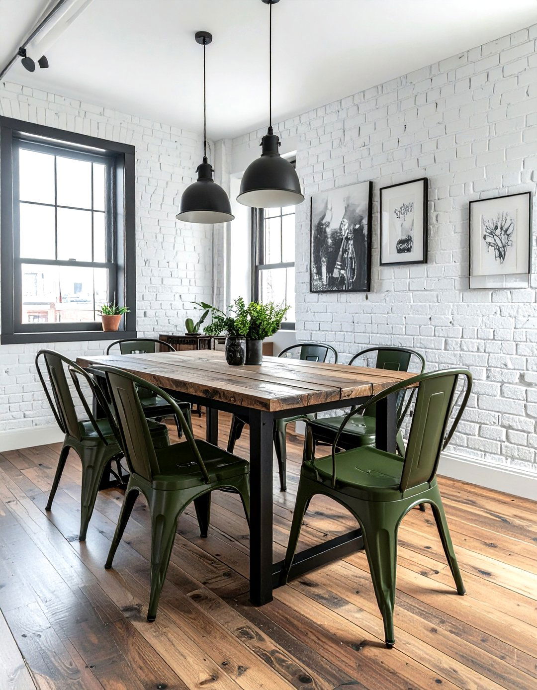 Army green industrial dining room - 30 green and white dining room ideas