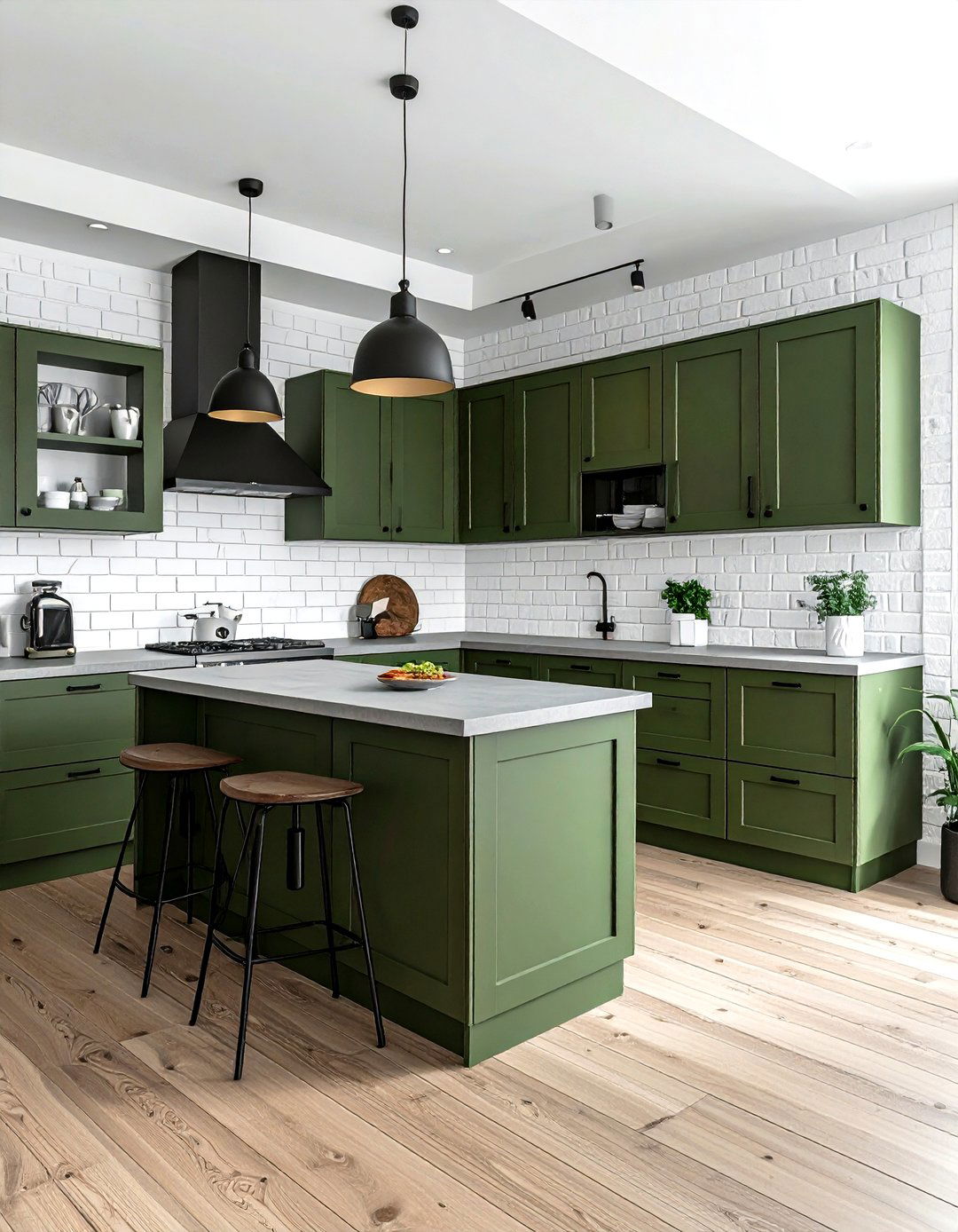 Army green kitchen cabinets white brick wall - 30 green and white kitchen ideas
