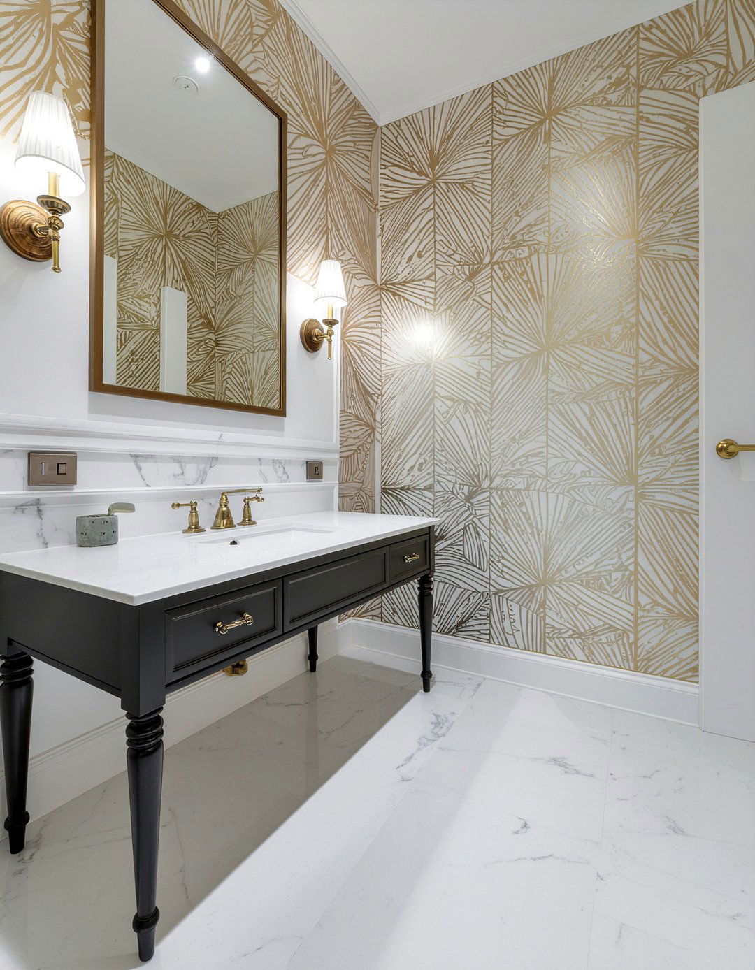 Art deco wallpaper and marble floor - 30 bathroom pattern mixing ideas