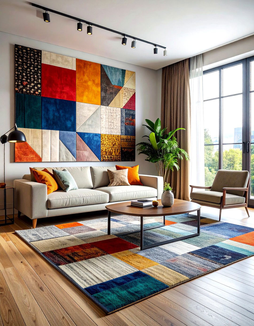 Artistic patchwork mural living room - 30 patchwork living room ideas