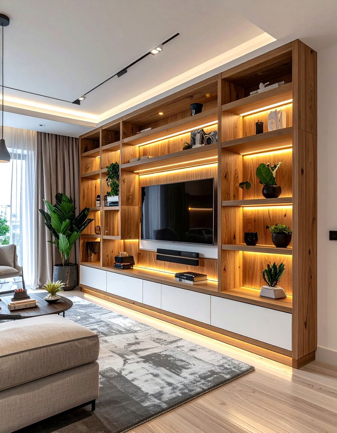 Asymmetric Built In Shelving With TV Niche - 30 living room built-in entertainment center