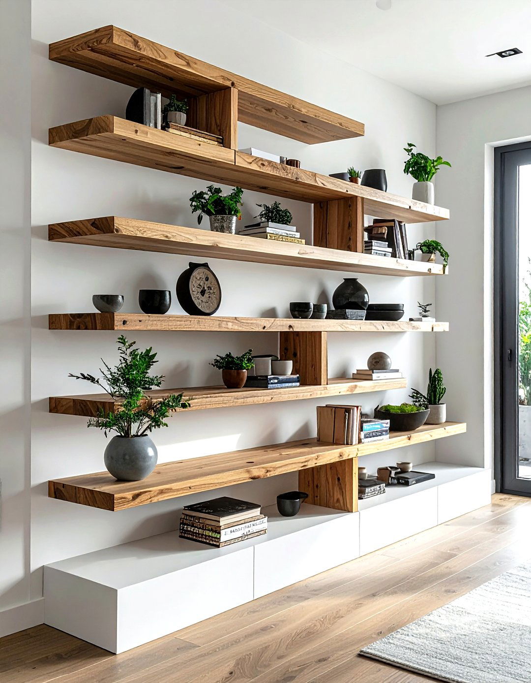 Asymmetrical Ledge Shelf Layout - 30 living room ledge shelves