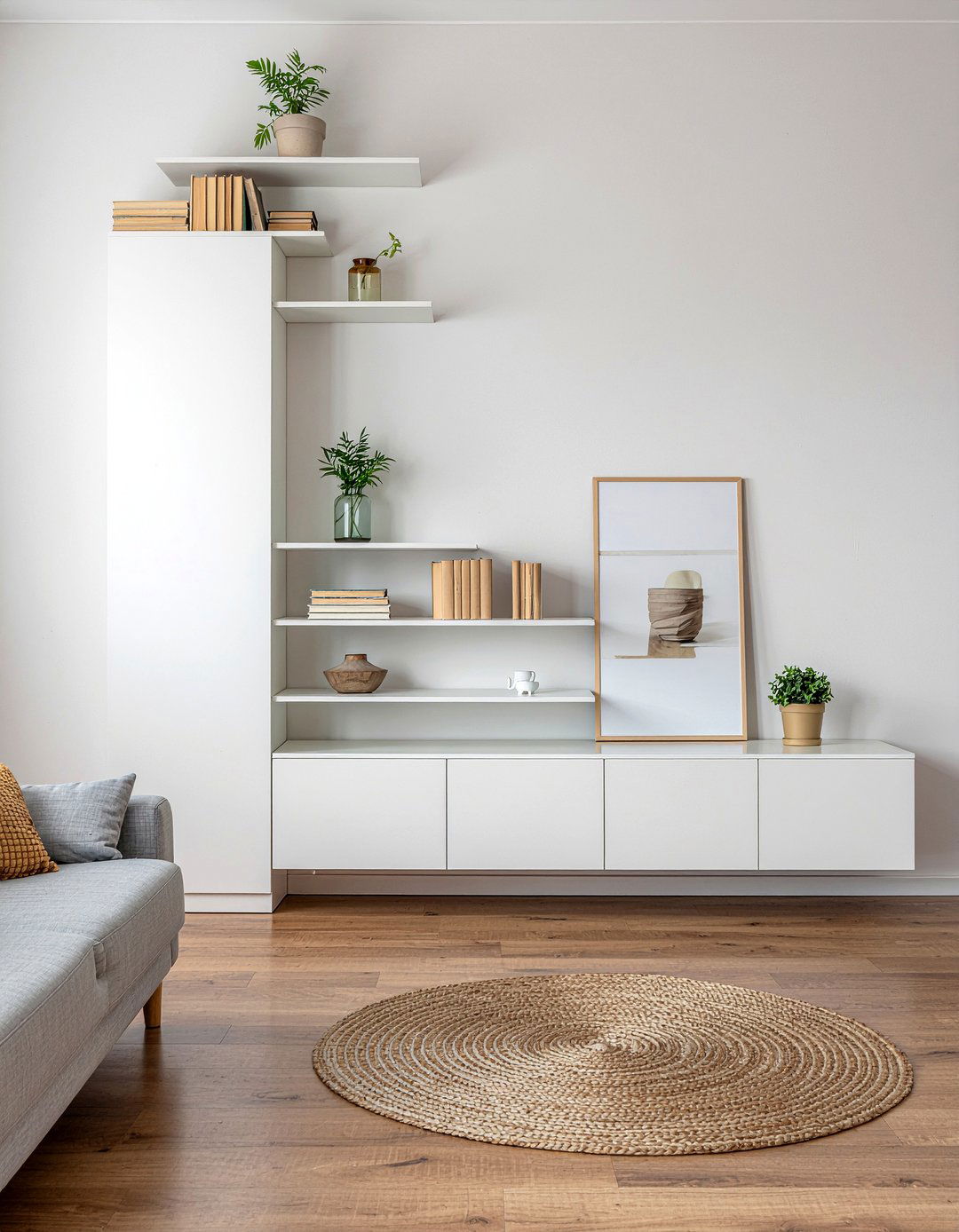 Asymmetrical floating shelves and cabinets - 30 living room wall unit ideas