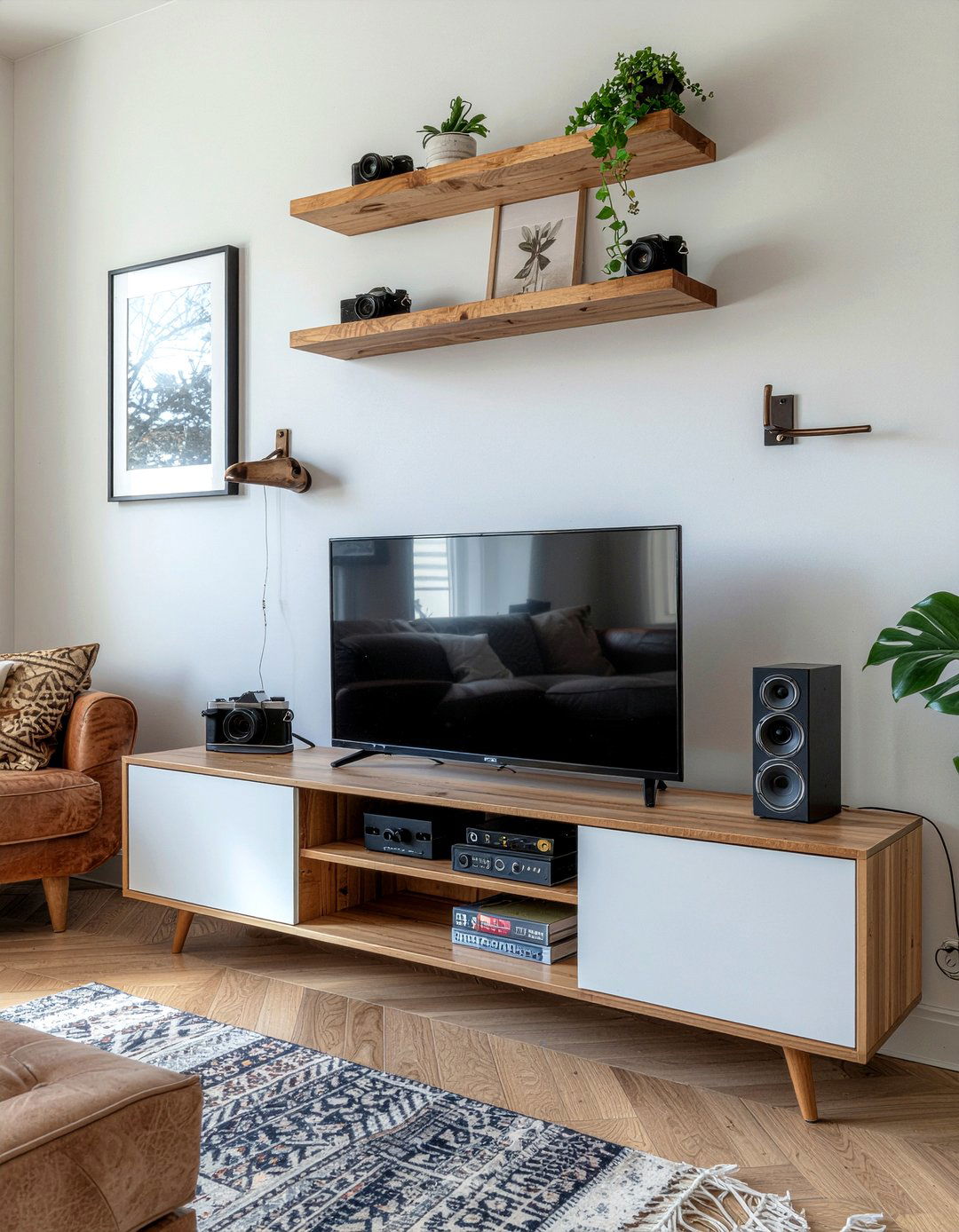 Asymmetrical open shelf tv stand - 30 living room tv console ideas