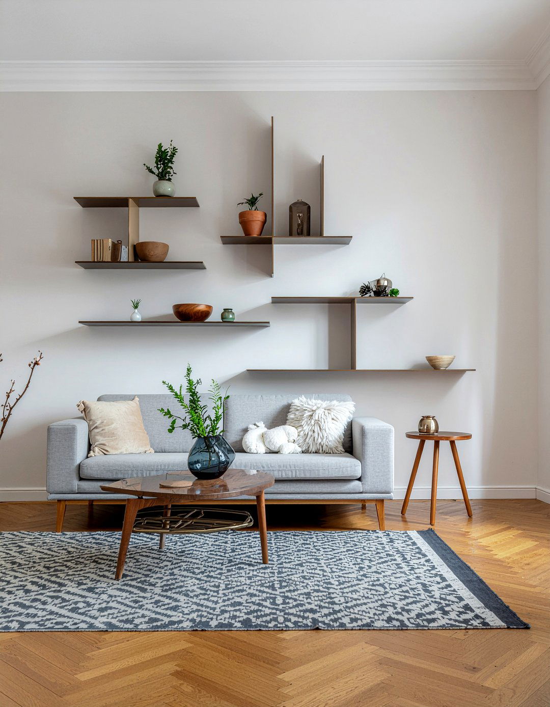 Asymmetrical wall shelving - 30 living room built-in bookcases