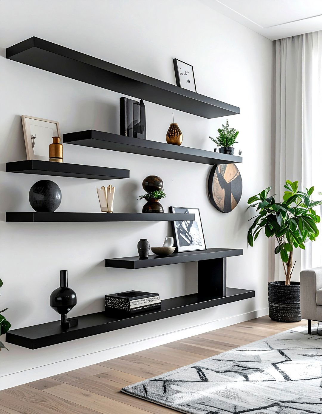 Asymmetrical wall shelving - 30 living room built-in ideas