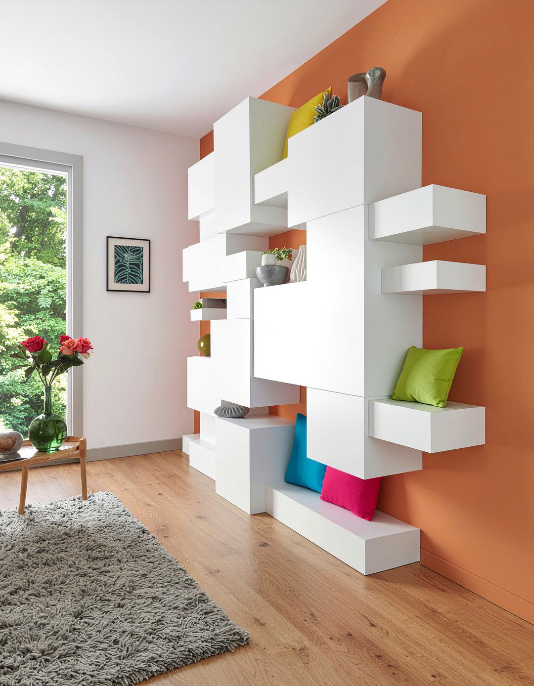 Asymmetrical wall shelving - 30 living room shelving ideas