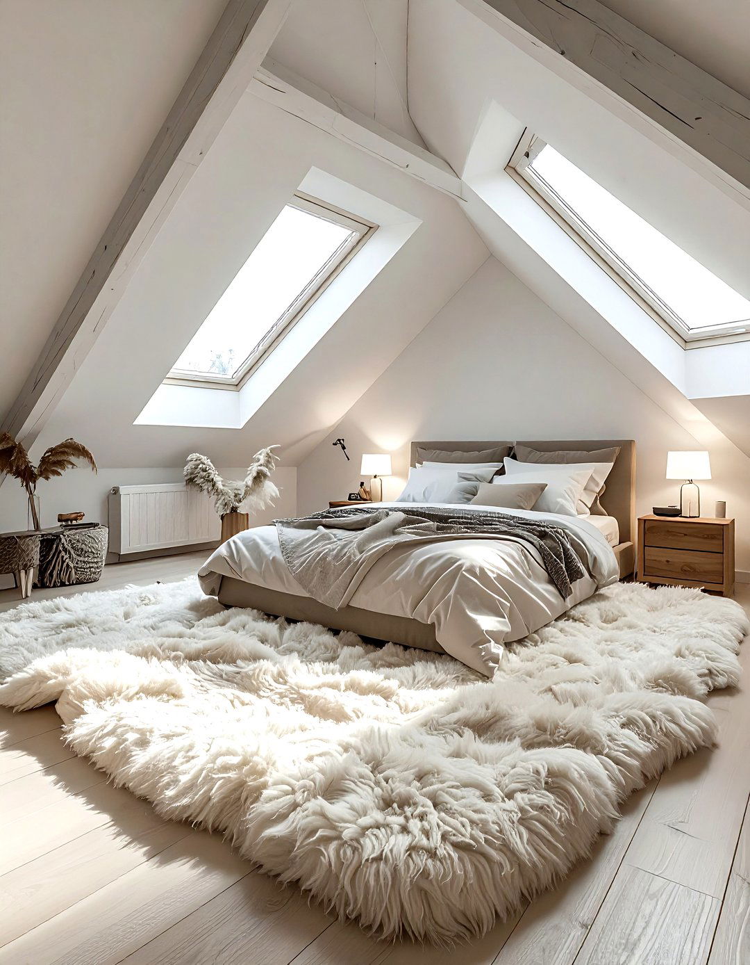 Attic bedroom with sheepskin rug decor - 30 sheepskin rug ideas
